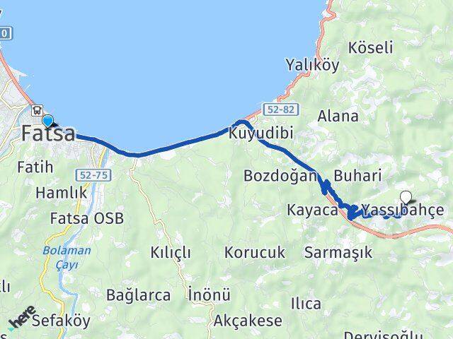Ordu Fatsa Yassıbahçe Fatsa Arası Kaç Km - Yol Haritası