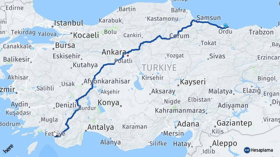Ordu Fethiye Muğla Arası Kaç Km - Yol Haritası