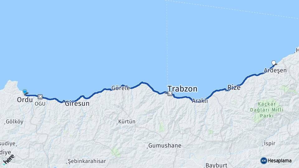Ordu Fındıklı Rize Arası Kaç Km - Yol Haritası