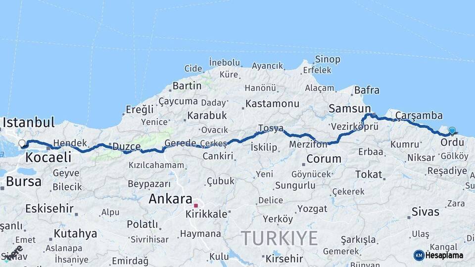Ordu Gebze Kocaeli Arası Kaç Km - Yol Haritası