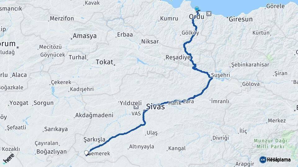 Ordu Gemerek Sivas Arası Kaç Km - Yol Haritası