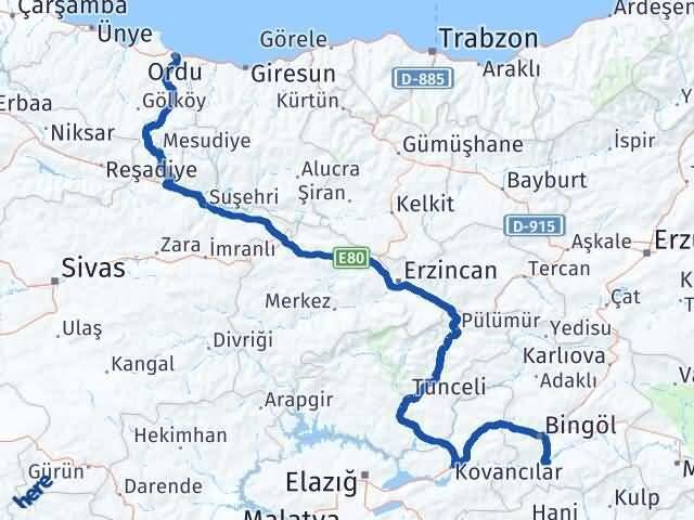 Ordu Genç Bingöl Arası Kaç Km - Yol Haritası