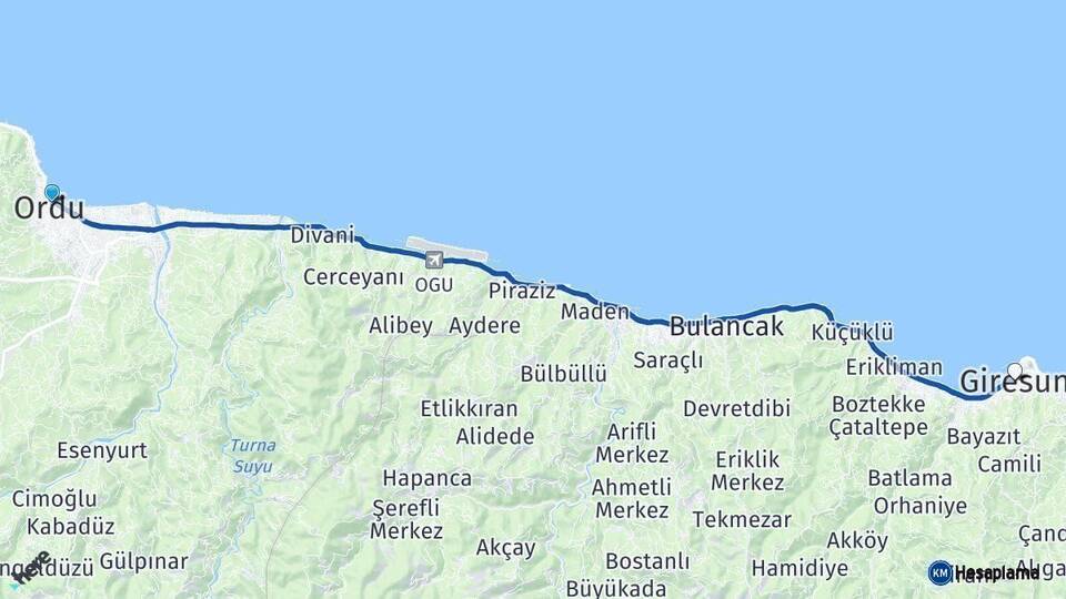 Ordu Giresun Arası Kaç Km - Yol Haritası