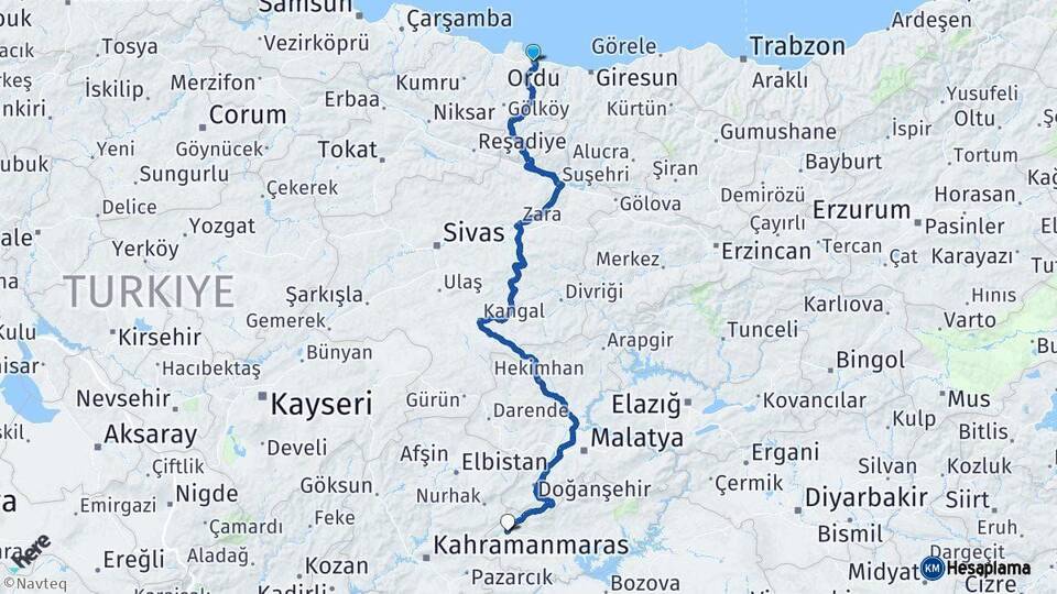 Ordu Gölbaşı Adıyaman Arası Kaç Km - Yol Haritası