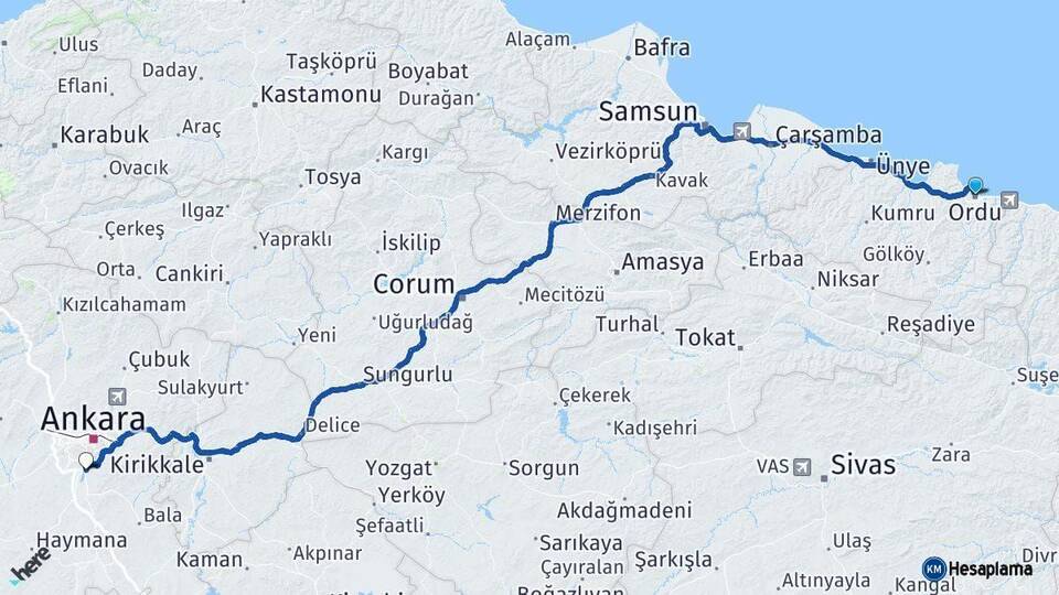 Ordu Gölbaşı Ankara Arası Kaç Km - Yol Haritası