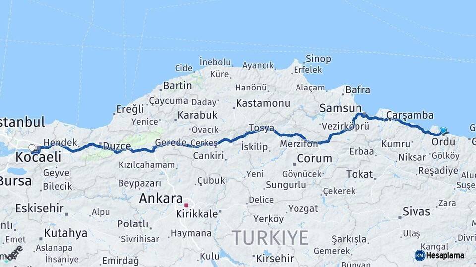 Ordu Gölcük Kocaeli Arası Kaç Km - Yol Haritası