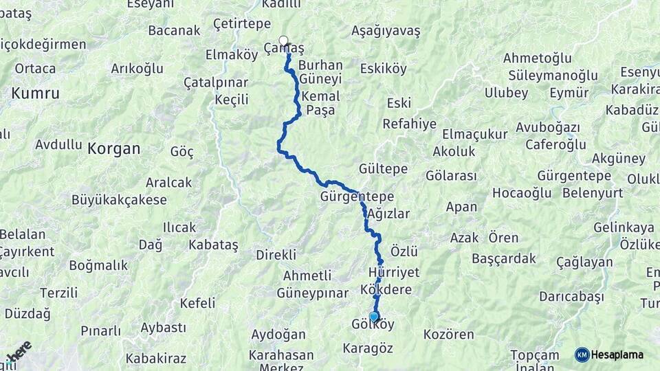 Ordu Gölköy Çamaş Arası Kaç Km - Yol Haritası