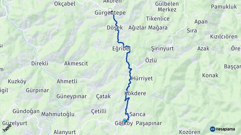 Ordu Gölköy Gürgentepe Arası Kaç Km - Yol Haritası