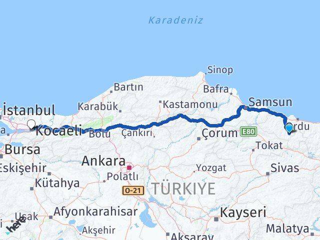 Ordu Gölköy Kocaeli Arası Kaç Km - Yol Haritası