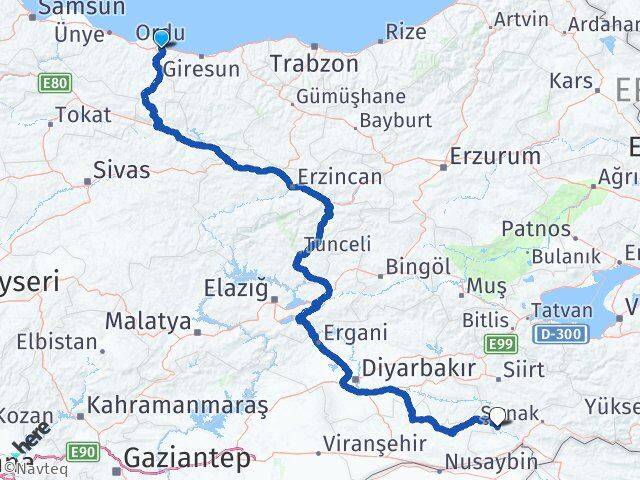 Ordu Güçlükonak Şırnak Arası Kaç Km - Yol Haritası
