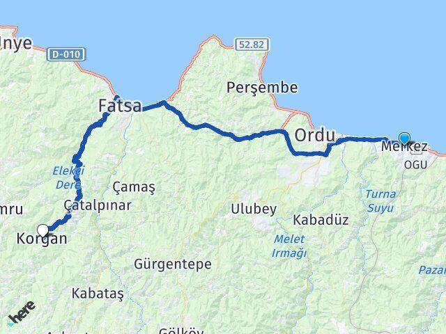 Ordu Gülyalı Korgan Arası Kaç Km - Yol Haritası