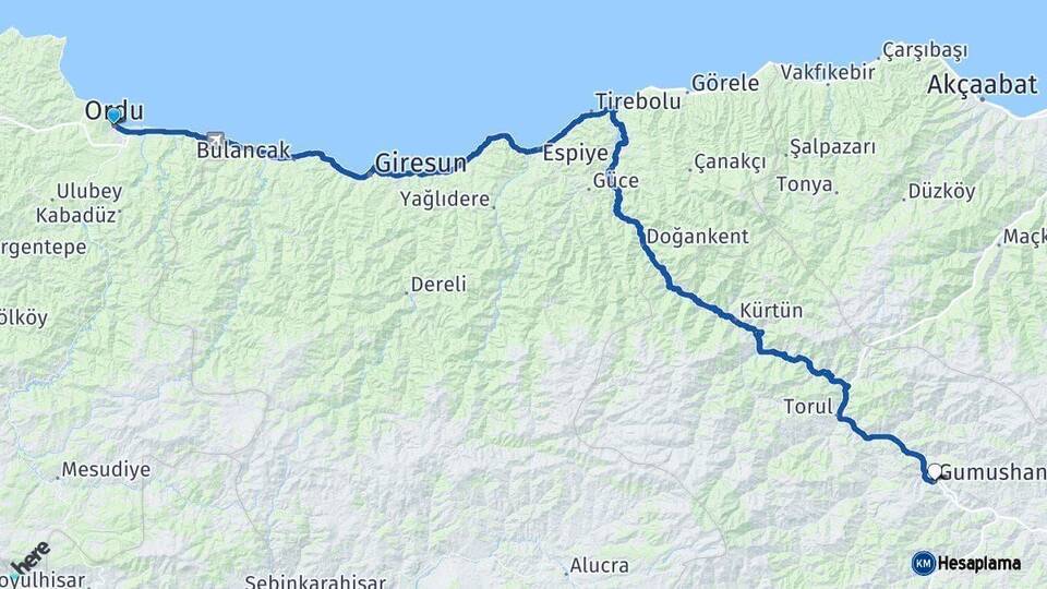 Ordu Gümüşhane Arası Kaç Km - Yol Haritası