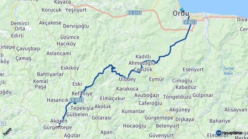 Ordu Gürgentepe Arası Kaç Km - Yol Haritası