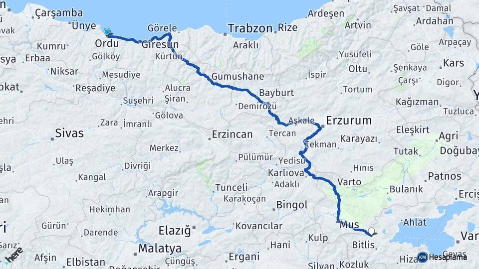 Ordu Güroymak Bitlis Arası Kaç Km - Yol Haritası