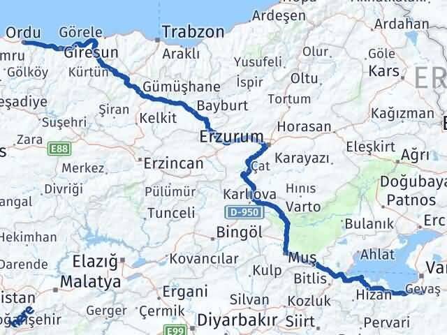 Ordu Gürpınar Van Arası Kaç Km - Yol Haritası