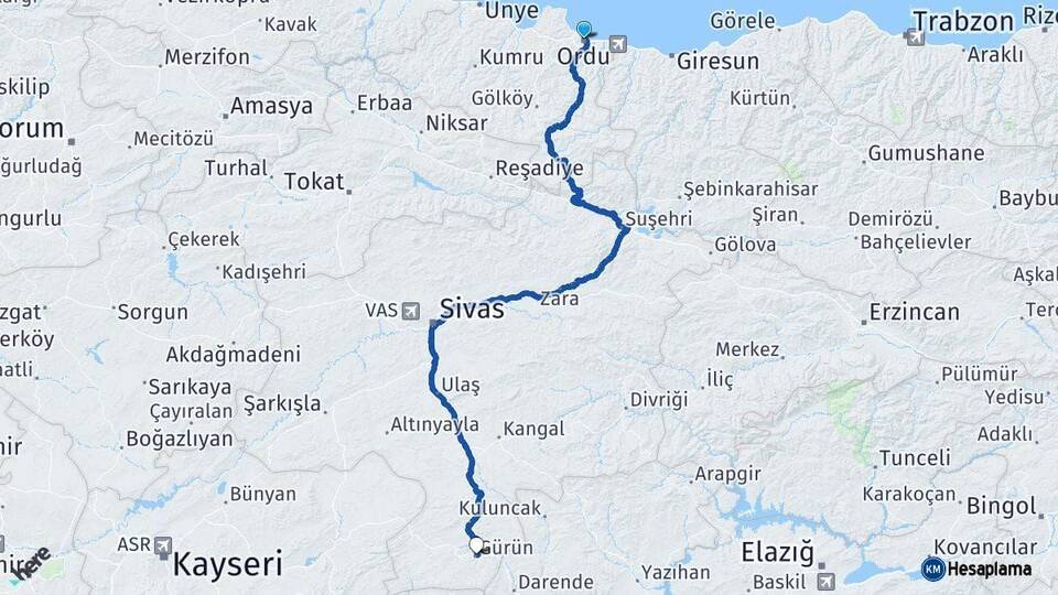 Ordu Gürün Sivas Arası Kaç Km - Yol Haritası
