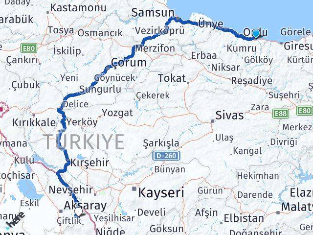 Ordu Güzelyurt Aksaray Arası Kaç Km - Yol Haritası