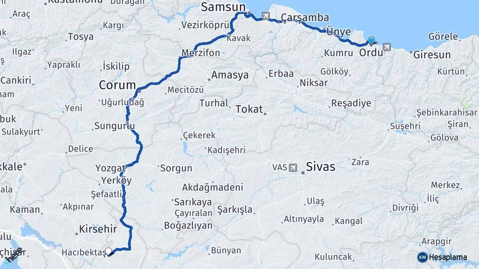 Ordu Hacıbektaş Nevşehir Arası Kaç Km - Yol Haritası