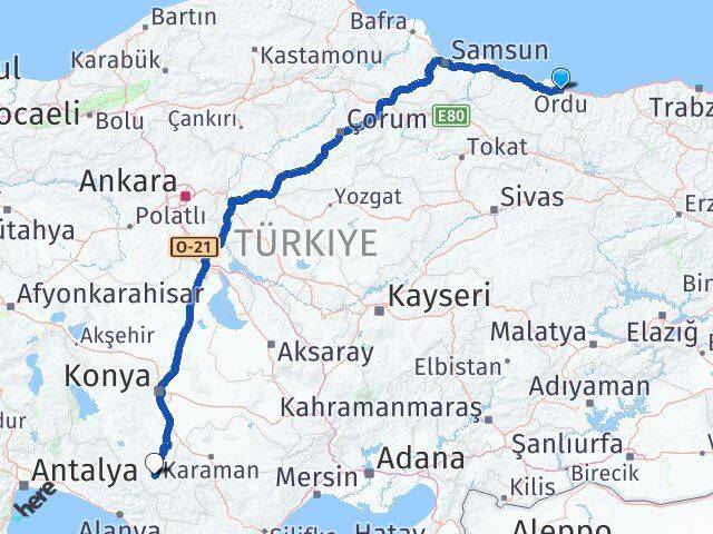 Ordu Hadim Konya Arası Kaç Km - Yol Haritası