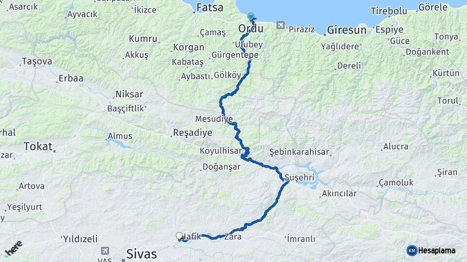 Ordu Hafik Sivas Arası Kaç Km - Yol Haritası