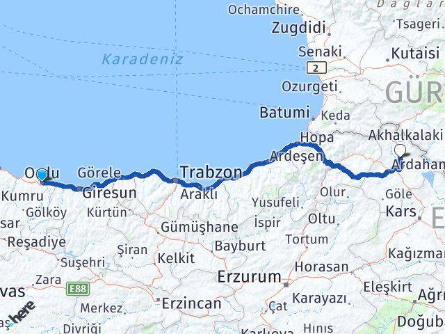 Ordu Hanak Ardahan Arası Kaç Km - Yol Haritası