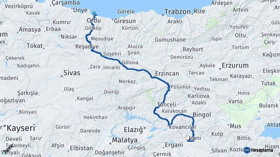 Ordu Hani Diyarbakır Arası Kaç Km - Yol Haritası