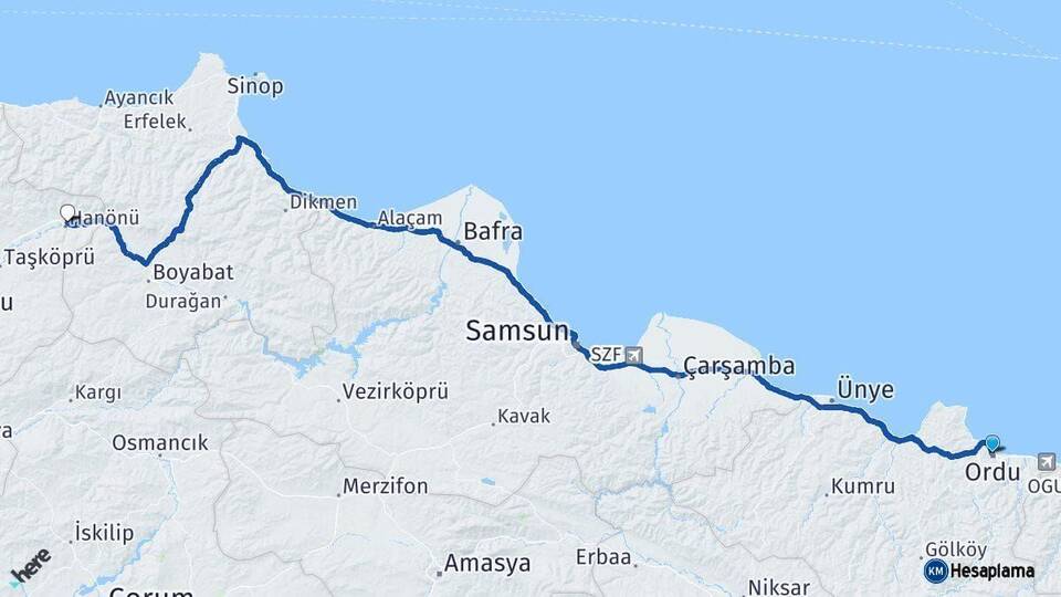 Ordu Hanönü Kastamonu Arası Kaç Km - Yol Haritası