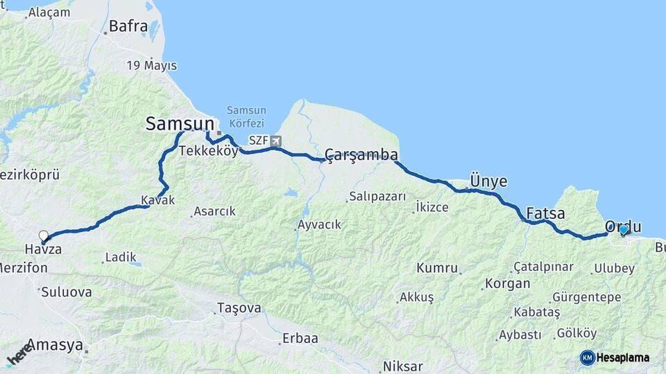 Ordu Havza Samsun Arası Kaç Km - Yol Haritası