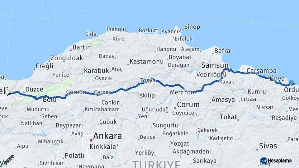 Ordu Hendek Sakarya Arası Kaç Km - Yol Haritası