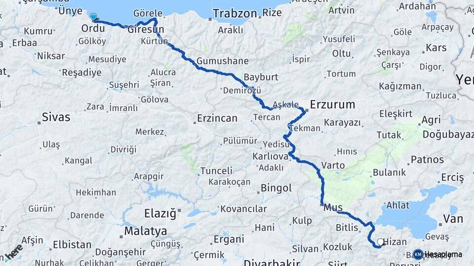 Ordu Hizan Bitlis Arası Kaç Km - Yol Haritası