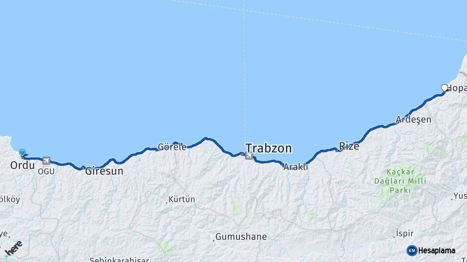 Ordu Hopa Artvin Arası Kaç Km - Yol Haritası