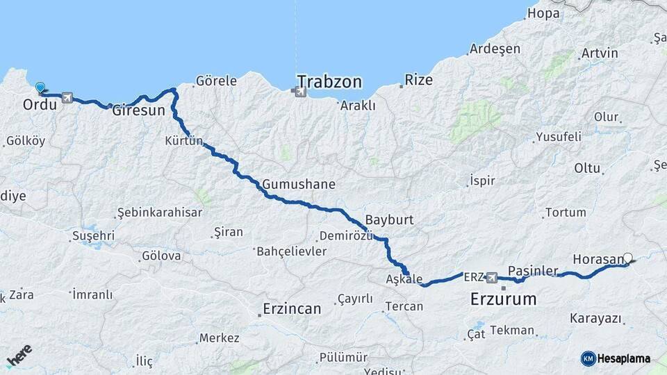 Ordu Horasan Erzurum Arası Kaç Km - Yol Haritası