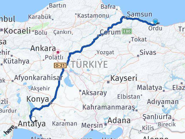 Ordu İbradı Antalya Arası Kaç Km - Yol Haritası