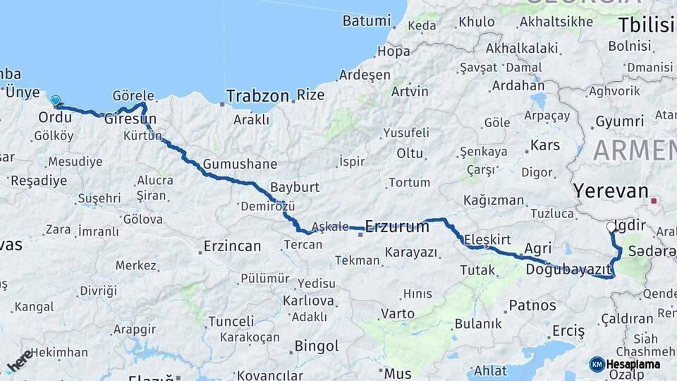 Ordu Iğdır Arası Kaç Km - Yol Haritası