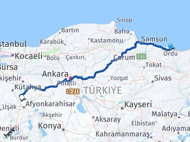 Ordu İhsaniye Afyonkarahisar Arası Kaç Km - Yol Haritası