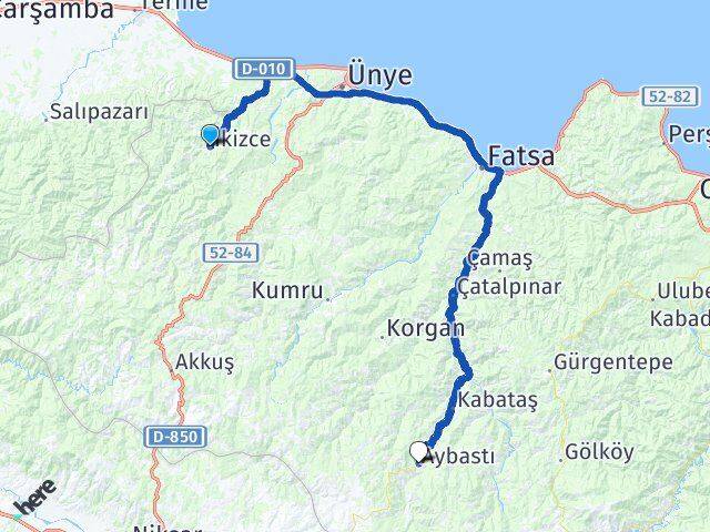 Ordu İkizce Aybastı Arası Kaç Km - Yol Haritası