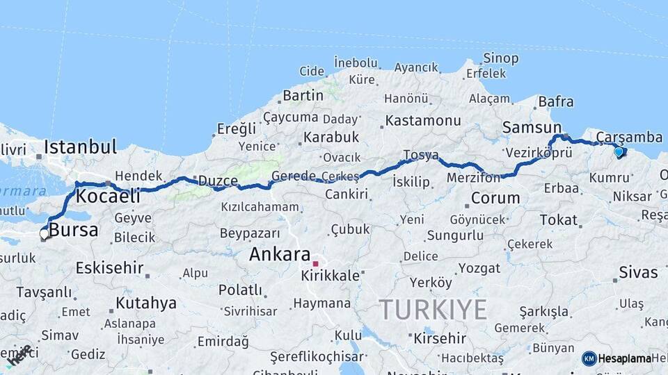 Ordu İkizce Bursa Arası Kaç Km - Yol Haritası