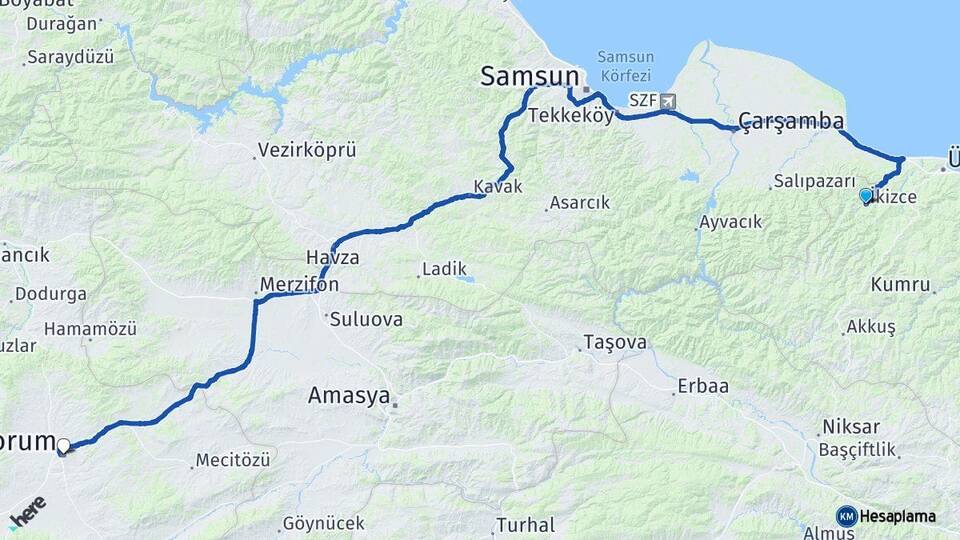 Ordu İkizce Çorum Arası Kaç Km - Yol Haritası