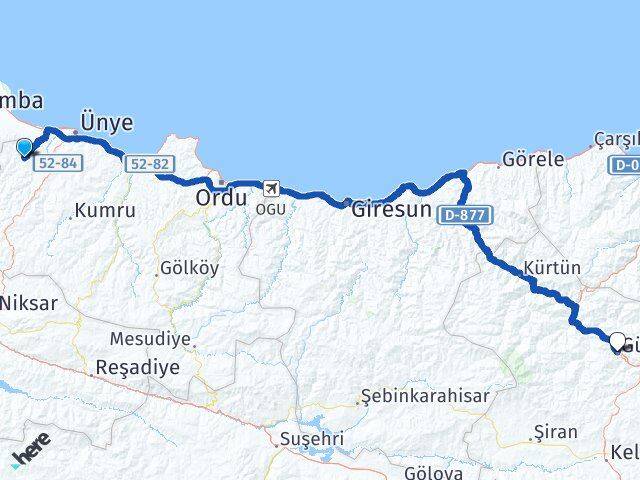 Ordu İkizce Gümüşhane Arası Kaç Km - Yol Haritası