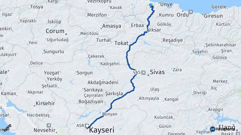 Ordu İkizce Kayseri Arası Kaç Km - Yol Haritası