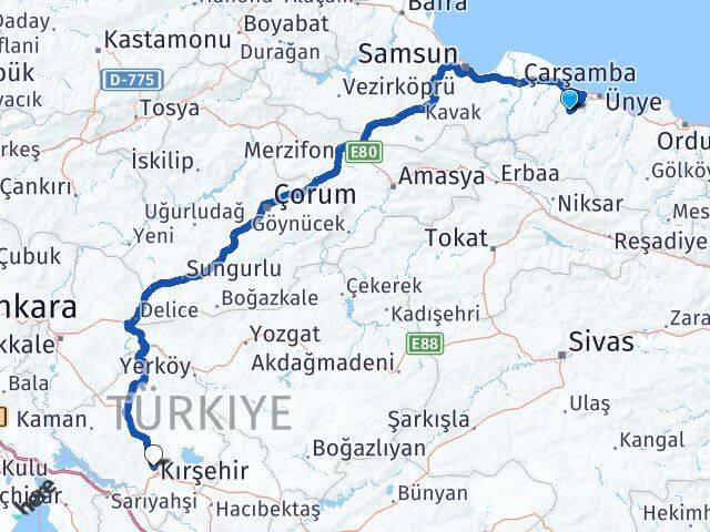Ordu İkizce Kırşehir Arası Kaç Km - Yol Haritası