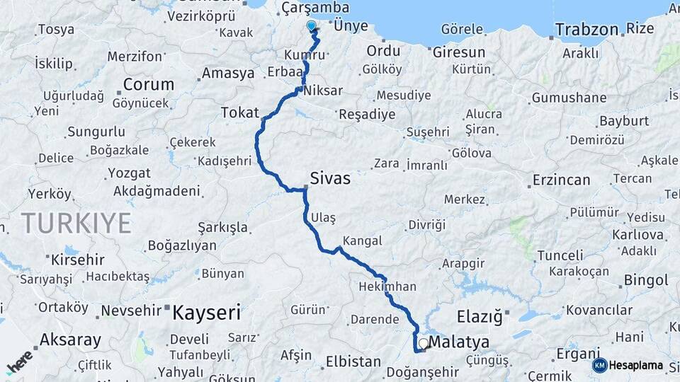 Ordu İkizce Malatya Arası Kaç Km - Yol Haritası