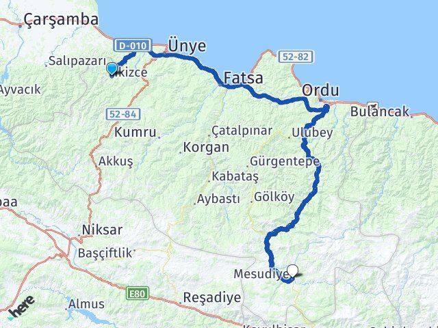 Ordu İkizce Mesudiye Arası Kaç Km - Yol Haritası