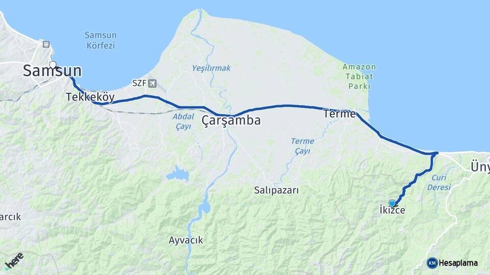 Ordu İkizce Samsun Arası Kaç Km - Yol Haritası