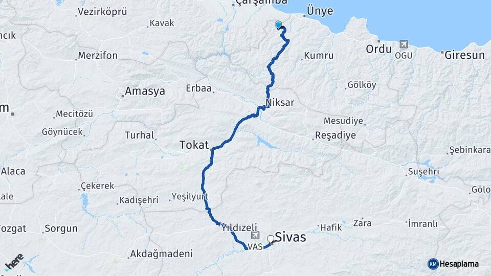 Ordu İkizce Sivas Arası Kaç Km - Yol Haritası