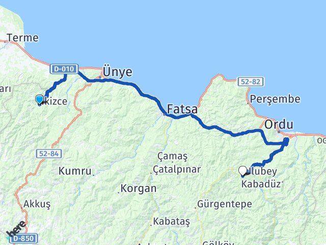 Ordu İkizce Ulubey Arası Kaç Km - Yol Haritası