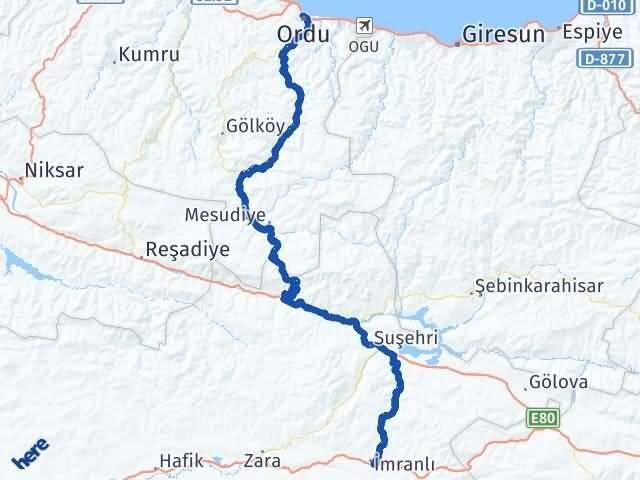 Ordu İmranlı Sivas Arası Kaç Km - Yol Haritası