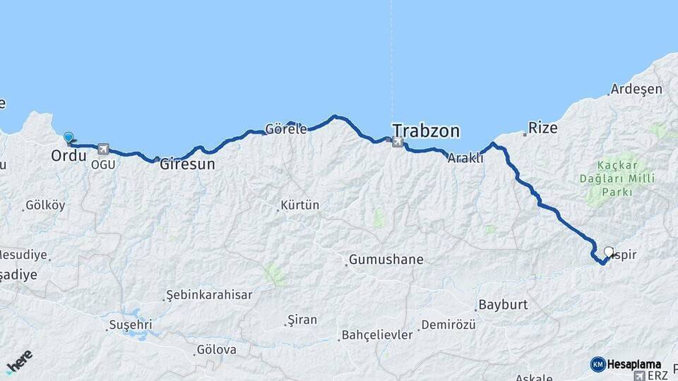 Ordu İspir Erzurum Arası Kaç Km - Yol Haritası