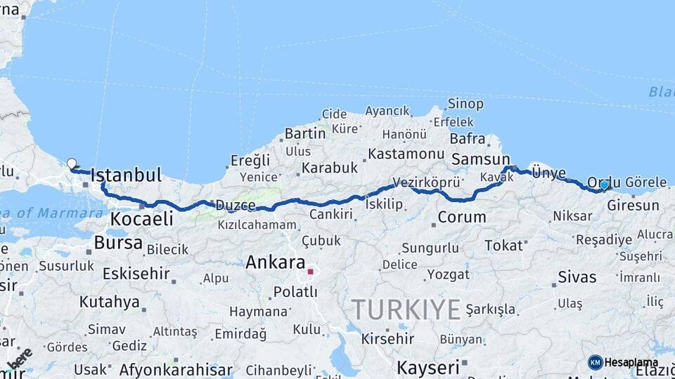 Ordu İstanbul Havalimanı Arası Kaç Km - Yol Haritası