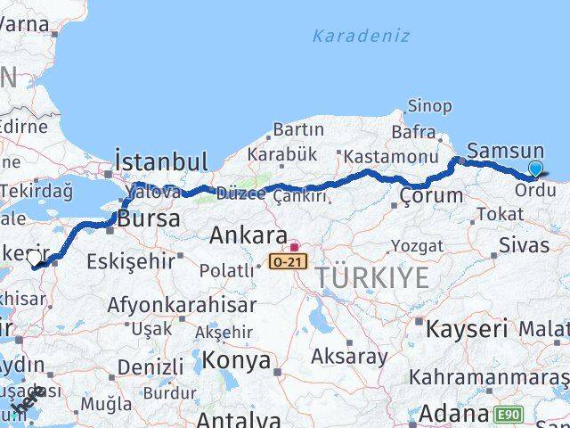Ordu İvrindi Balıkesir Arası Kaç Km - Yol Haritası